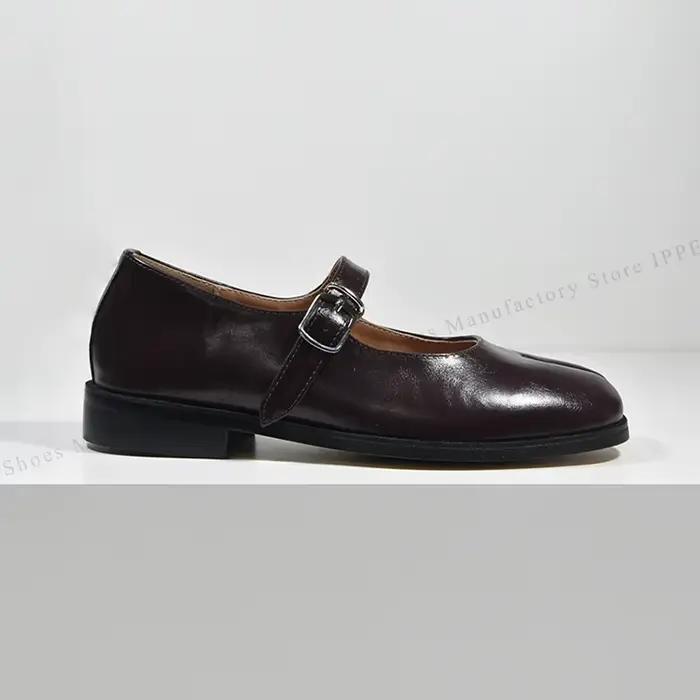 Chaussures Tabi IPPEUM, ballerines bordeaux à bout fendu, grandes tailles 44, mocassins en cuir marr