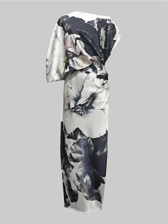 Gymystars mode robes de soirée imprimé fleuri robe longue pour les femmes été Art asymétrique manche