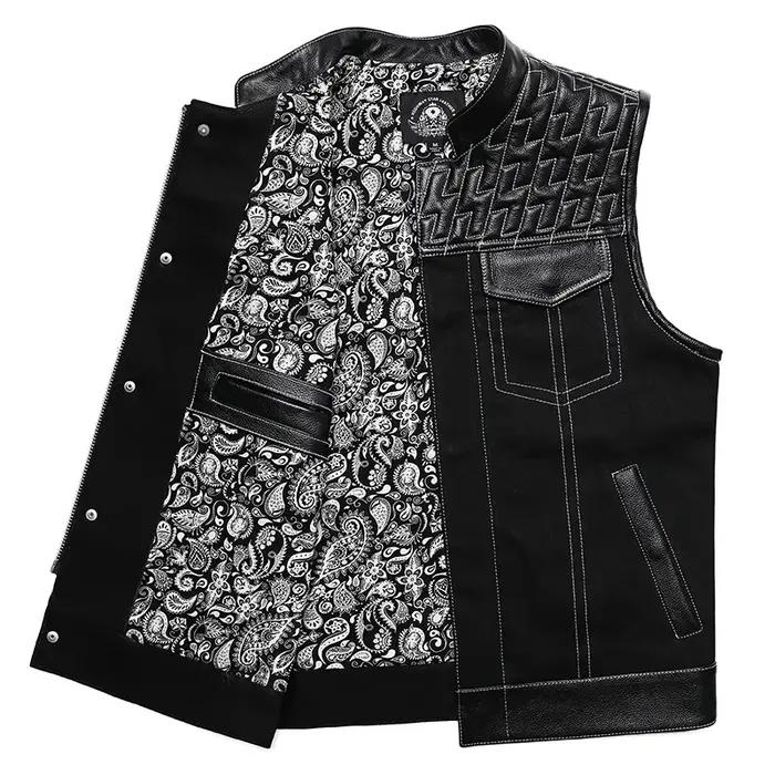 SOA-Gilet de motard en cuir de vachette pour homme, veste en cuir de moto, veste en jean patchwork,