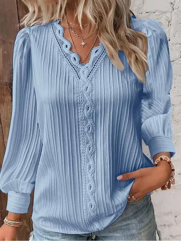 Chemise ample en dentelle pour femmes, col en v, manches longues, pull en mousseline de soie, haut d