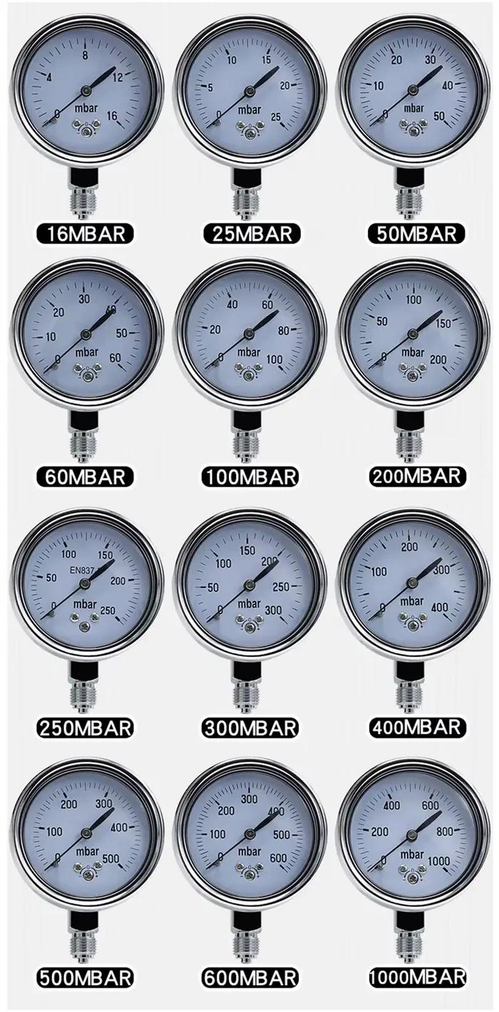 Jauge de pression de gaz réglable, manomètre calibrable, 50mbar, 60mbar, 100mbar