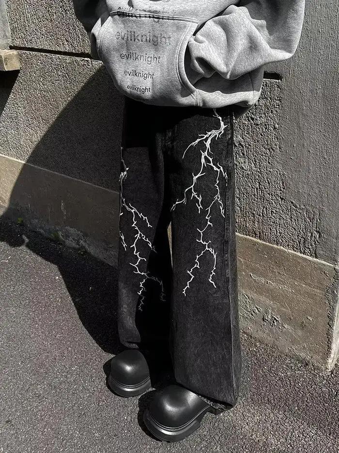 Jean droit ample et polyvalent, Design de rue rétro, Niche brodée d'épines, pantalons décontractés (