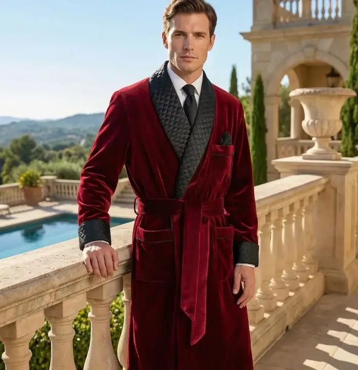 Veste longue en velours pour fumer, manteau de marié à revers châle, costume pour hommes, Blazer ave