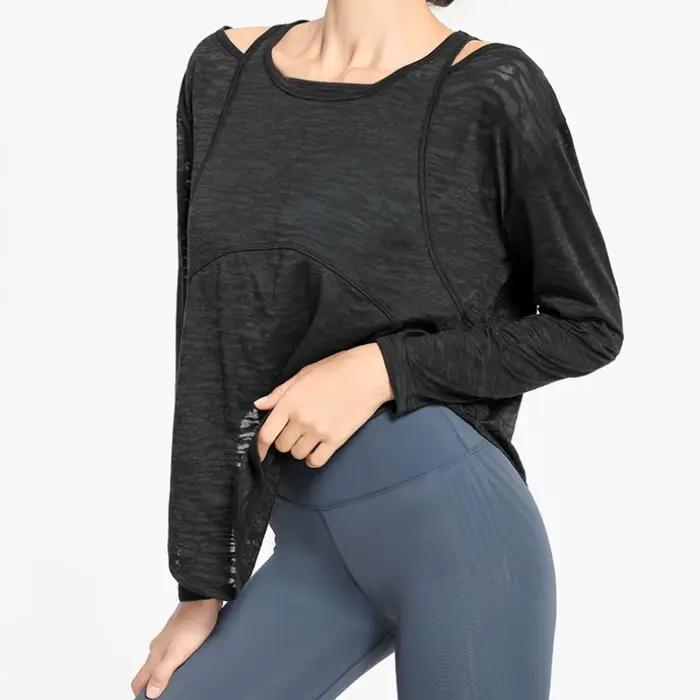 Aadt False-Sweat-shirt de yoga à manches longues pour femme, haut à séchage rapide, chemise d'entraî