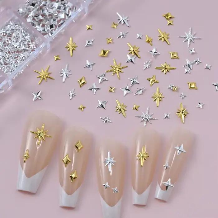 Breloques étoiles métalliques 3D pour Nail Art, 12 grilles, or/argent, Starlight, croix, Rivets, déc