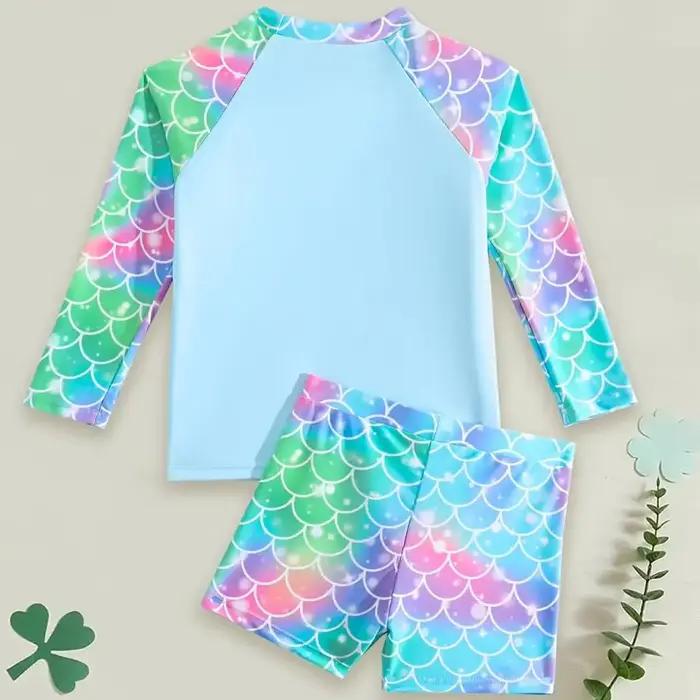 Maillot de bain 2 pièces pour filles, ensemble échelle de sirène, manches longues, Mini imprimé sirè