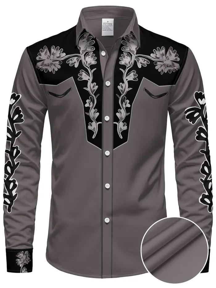 Chemise à manches longues pour hommes, imprimé Floral, Cowboy occidental, décontractée, coupe cintré