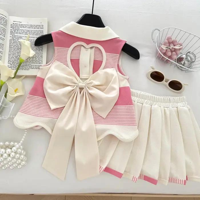 Vêtements roses pour filles de 2 à 9 ans, T-shirt rayé imprimé amour + jupe plissée, ensemble 2 pièc