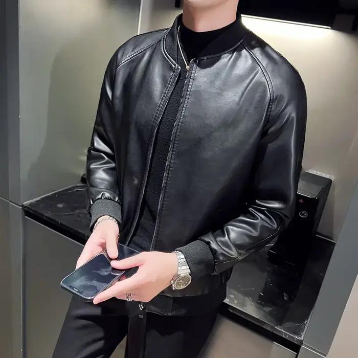 Nouvelle veste en similicuir pour homme, style motard, col montant, fermeture éclair, coupe ajustée,