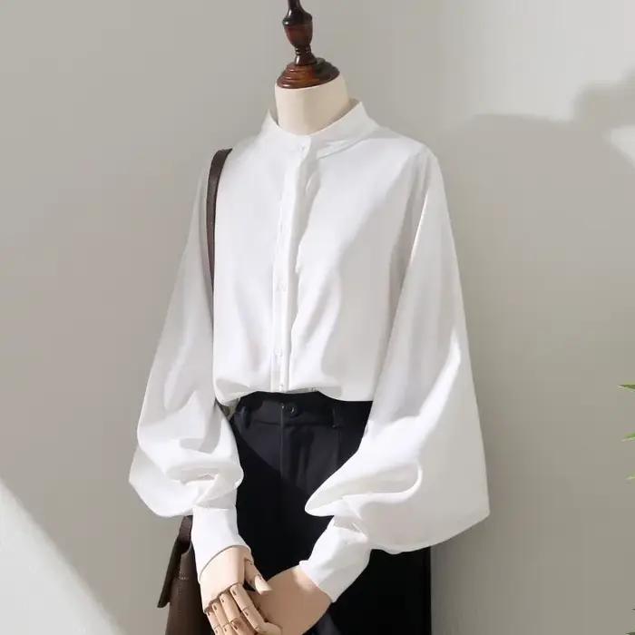 Chemise à manches longues lanterne pour femme, chemisiers de style printemps et automne, col montant