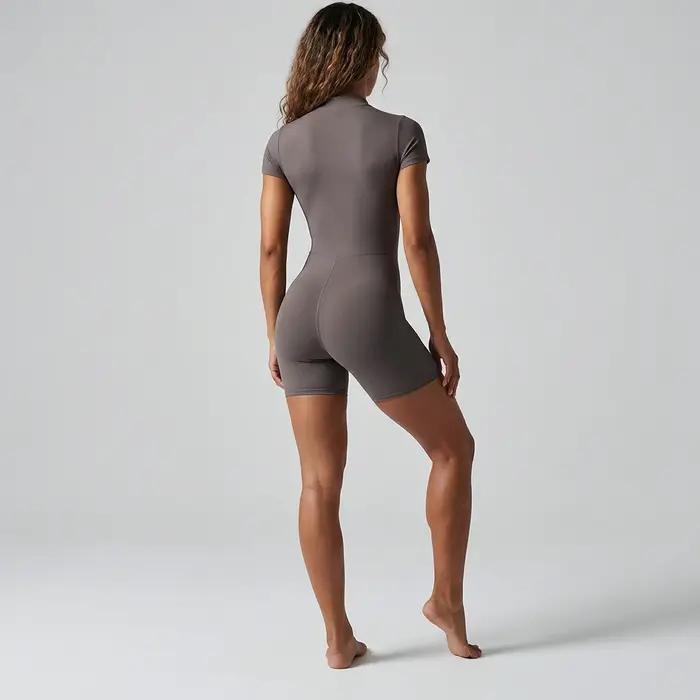 Nouvel ensemble de sport pour femme avec fermeture éclair, manches courtes, combinaison de yoga, bod
