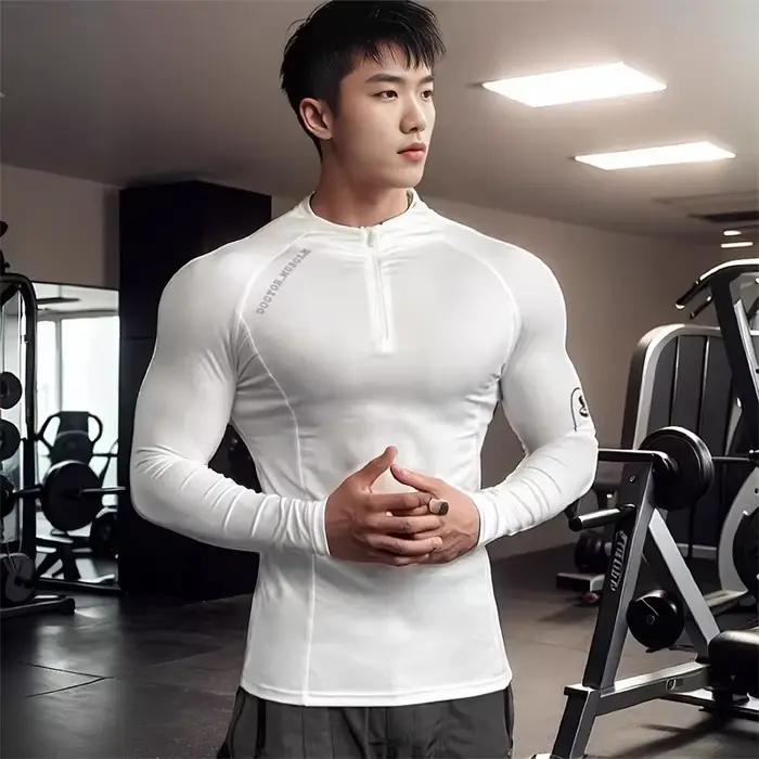 T-shirt sport hommes manches longues séchage rapide élastique serré col rond fermeture éclair printemps automne