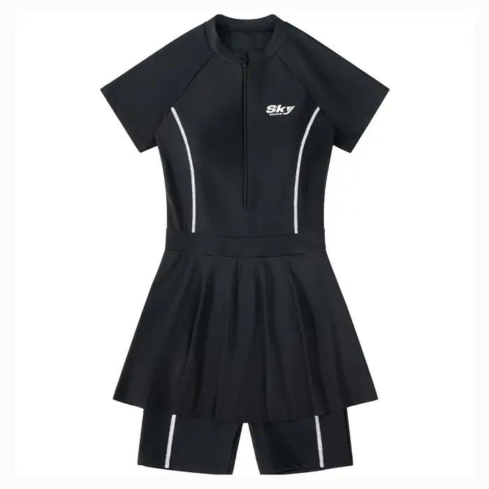 Maillot de bain une pièce à manches courtes pour femmes, jupe de bain, fermeture à glissière avant,