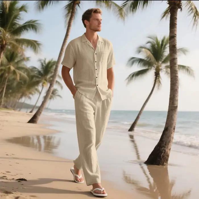 Ensemble deux pièces décontracté en coton et lin pour hommes, chemises et pantalons de base Vintage