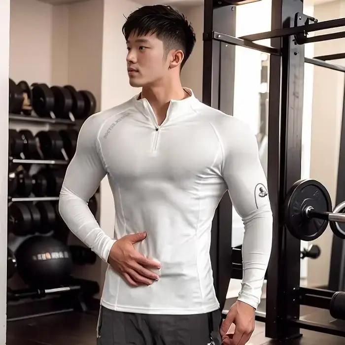 T-shirt sport hommes manches longues séchage rapide élastique serré col rond fermeture éclair printemps automne