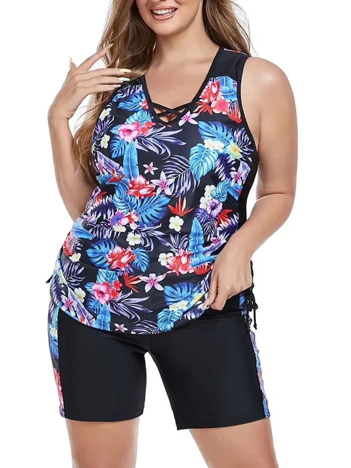 Maillot de Bain Deux Pièces Grande Taille Imprimé 2026 Femme Taille Haute Plage Élégant