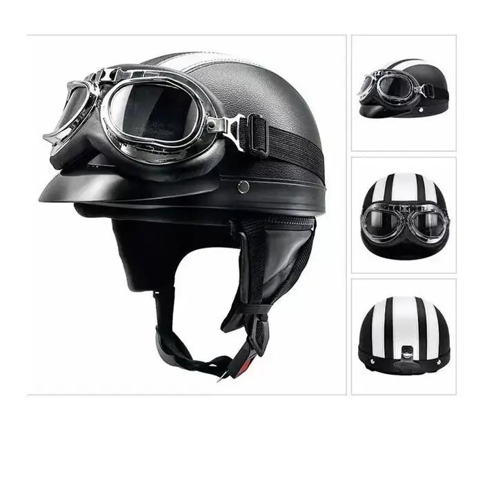 Casque de moto semi-ouvert rétro casque de moto et visière lunettes UV moto cross-country moto demi-
