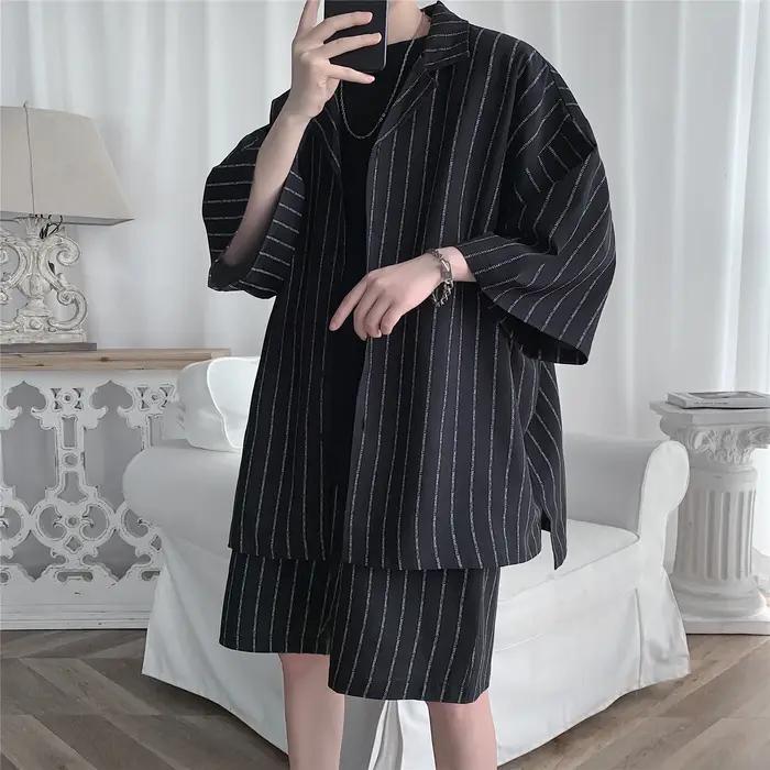 Veste et short de survêtement de Style coréen pour hommes, ensemble 2 pièces, costume de sport à ray