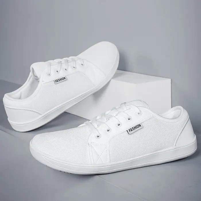 Baskets pieds nus blanches à la mode pour hommes et femmes, chaussures de marche à bout large, maill