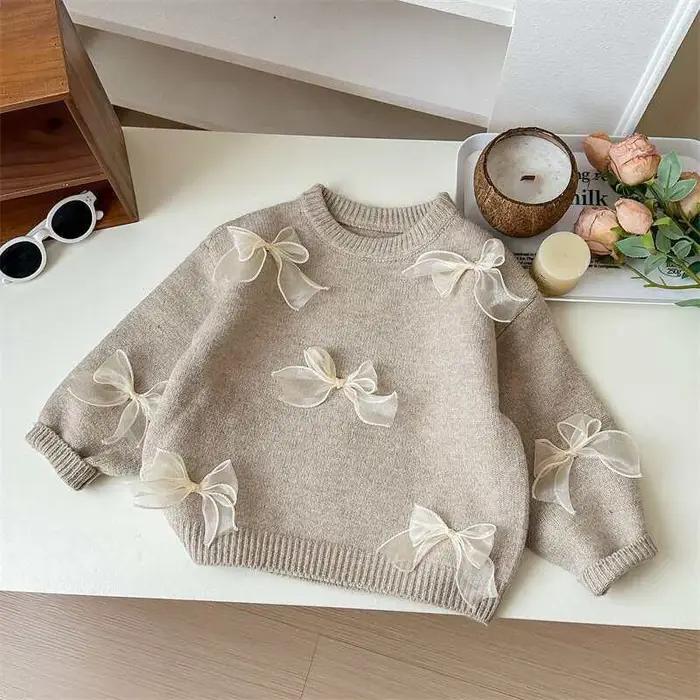 Chandails coréens de couleur unie pour filles, vêtements pour enfants avec nœud mignon, automne hive