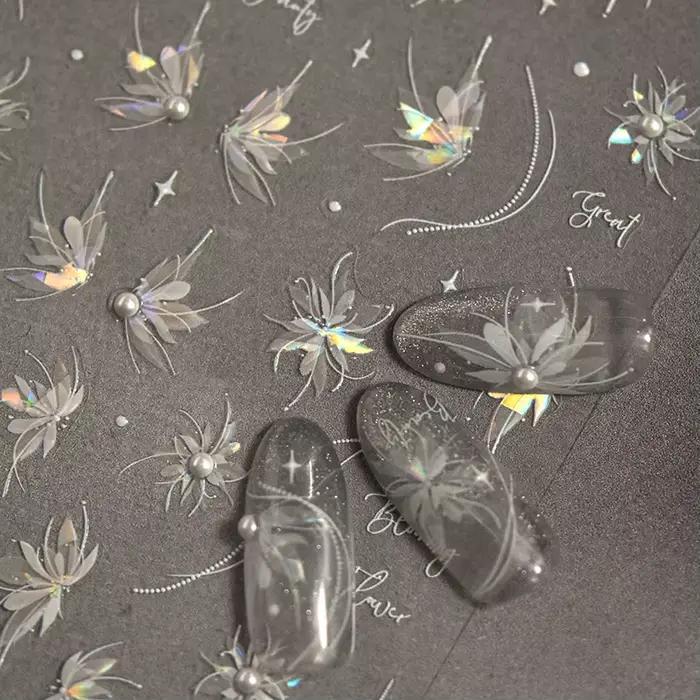Autocollants pour ongles translucides 5D, haute qualité, en relief, blanc pur, perle dahlia, strass