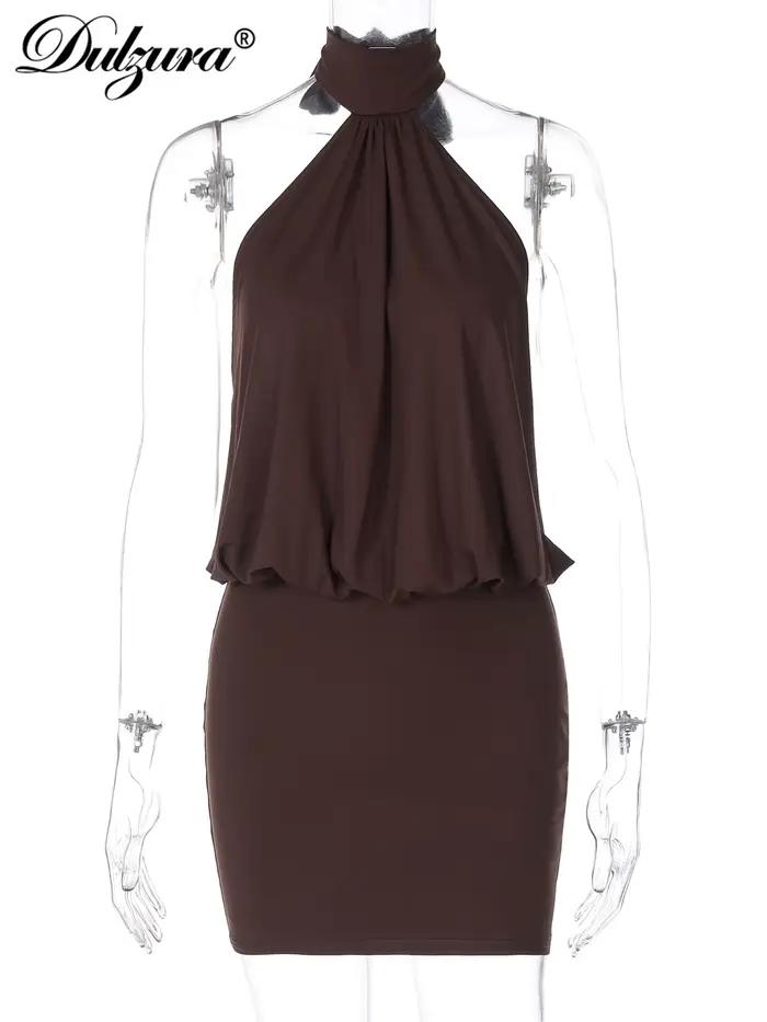 Dulzura été mode Sexy licou sans manches à lacets dos nu moulante Mini robe femmes solide élégant fê