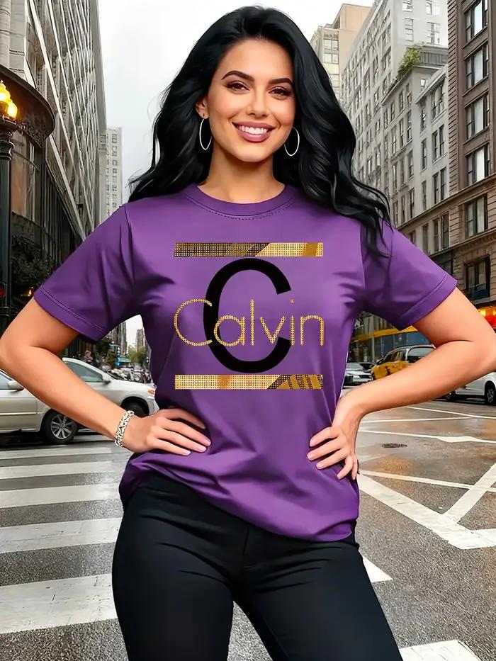 T-shirt pour femme Calvin Letter Print - Haut décontracté vert avec motif doré