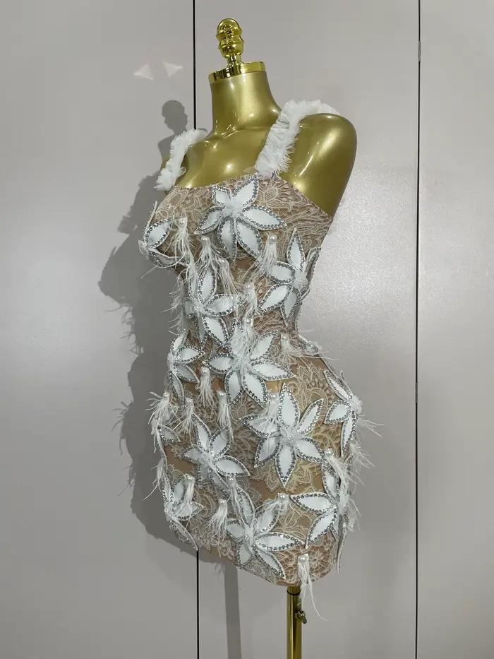 Sexy brillant diamant fleurs plumes blanc Transparent Slip robe courte soirée bal célébrer anniversa