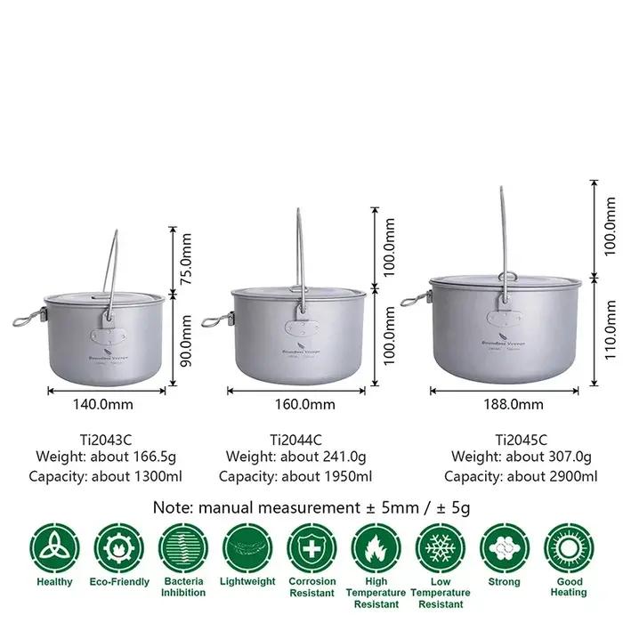 Boundless Voyage-Casseroles de cuisine en titane avec poignée, bouilloire de randonnée, ustensiles d