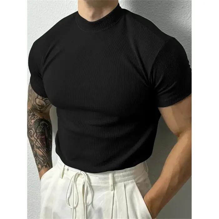 Printemps été élastique hommes T-shirt petit col haut rayure chemise à manches courtes haut de fitne