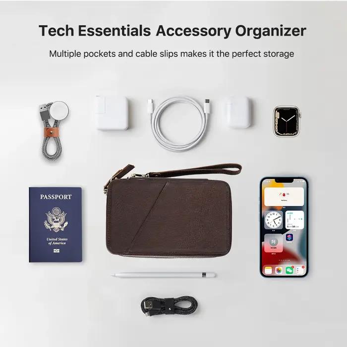 Sac de rangement portable en cuir véritable pour câble de données USB, étui pour écouteurs, accessoi