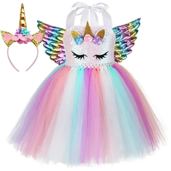 Robe Tutu licorne à paillettes pour filles, Costume de princesse en Tulle à fleurs, tenue de fête d'