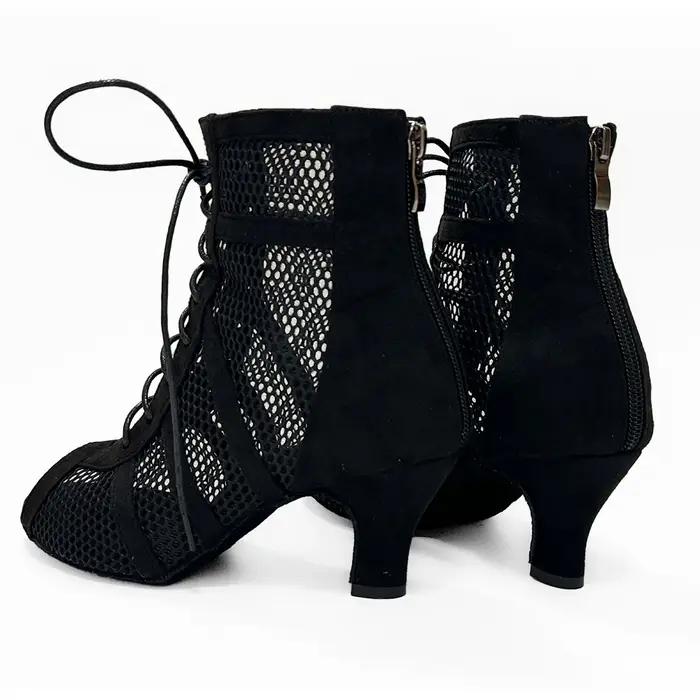 Bottines de danse à fermeture éclair pour femmes, chaussures de danse en cuir suédé noir pour Salsa