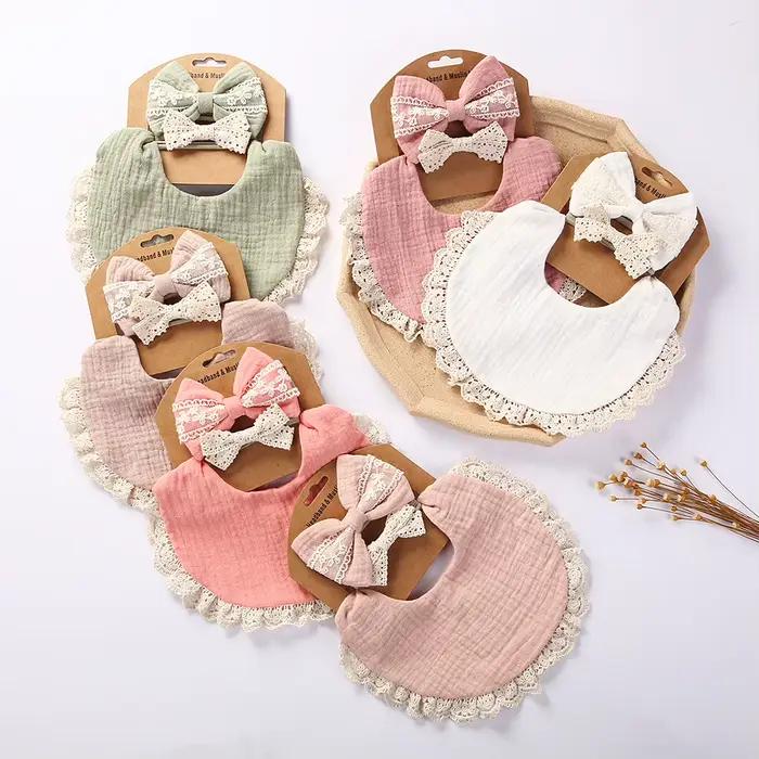 3 pièces/ensemble solide mousseline coton bambou bébé bavoir gland dentelle garçon fille alimentatio