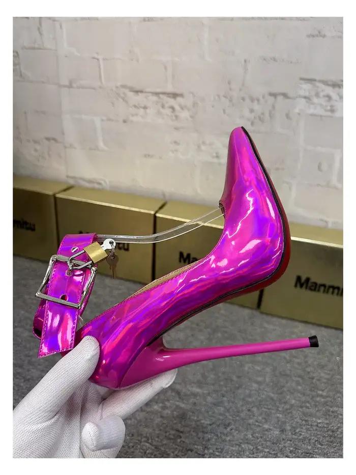 Nouvelles chaussures à talon fin de 12 cm, bout pointu, bouche peu profonde, boucle carrée, véritabl
