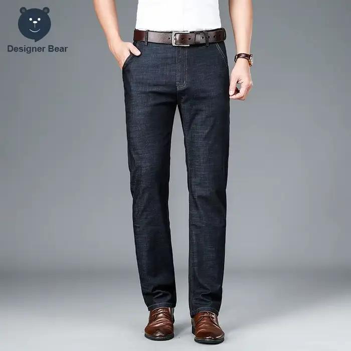 Jean Homme Été Fin en Coton Extensible Coupe Droite Décontracté Business avec Boutons et Poches