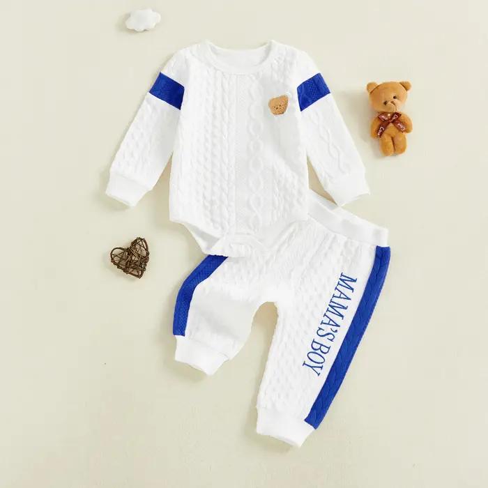 Tenues pour bébé garçon, combinaison texturée à manches longues avec broderie d'ours et pantalon, en