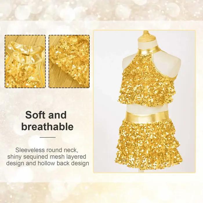 Haut court à plusieurs niveaux avec jupe pour enfants, paillettes brillantes pour filles, ensemble d