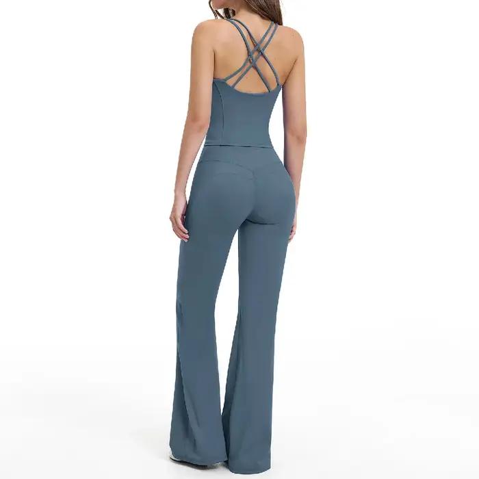 Ensemble de yoga 2 pièces pour femme : pantalon évasé et débardeur de sport antichoc – Tenue de spor