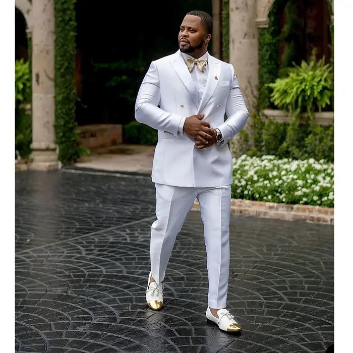 Blazer à col pointu imbibé de satin blanc 2 pièces pour hommes, veste à double boutonnage, smoking d