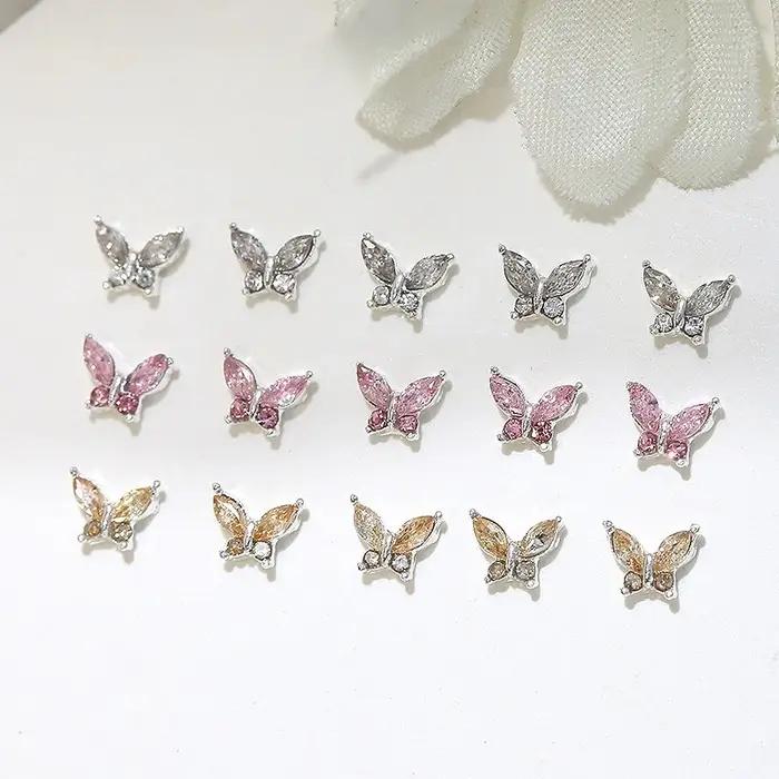 10/20 pièces Mini 4*5mm cristal papillon ongles breloques 3D diamant bijoux pièces rose clair métal