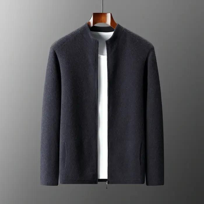 Cardigan en cachemire pur pour hommes, col mi-haut, fermeture éclair, pull décontracté, tempérament,