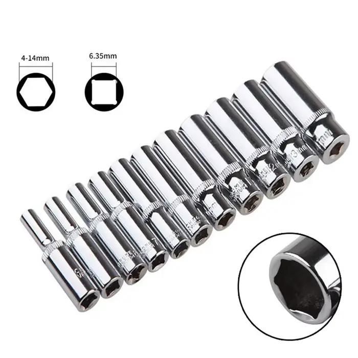 Adaptateur de douille profonde de 4 à 14mm, clé à douille hexagonale de 1/4 pouces, outil à cliquet,