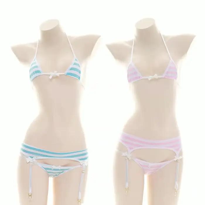Soutien-gorge sexy Lolita pour femmes sous-vêtements Kawaii carnaval bleu rose blanc rayé mini bikin