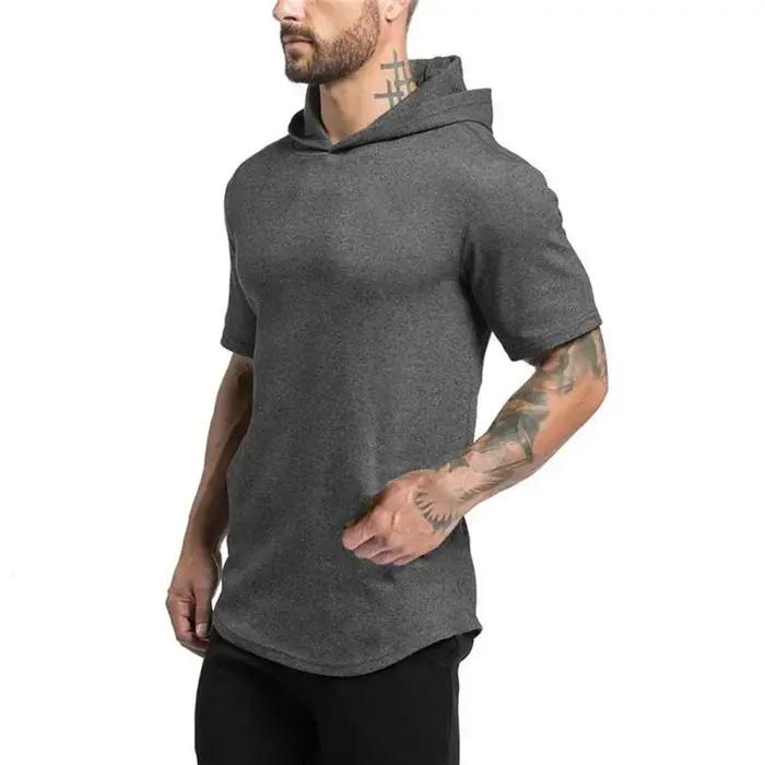T-shirt à capuche en coton pour homme, coupe slim, respirant, à manches courtes, pour la musculation