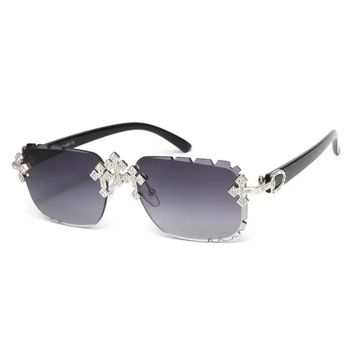 2025 mode carré sans monture lunettes de soleil pour femmes croix diamant métal cadre