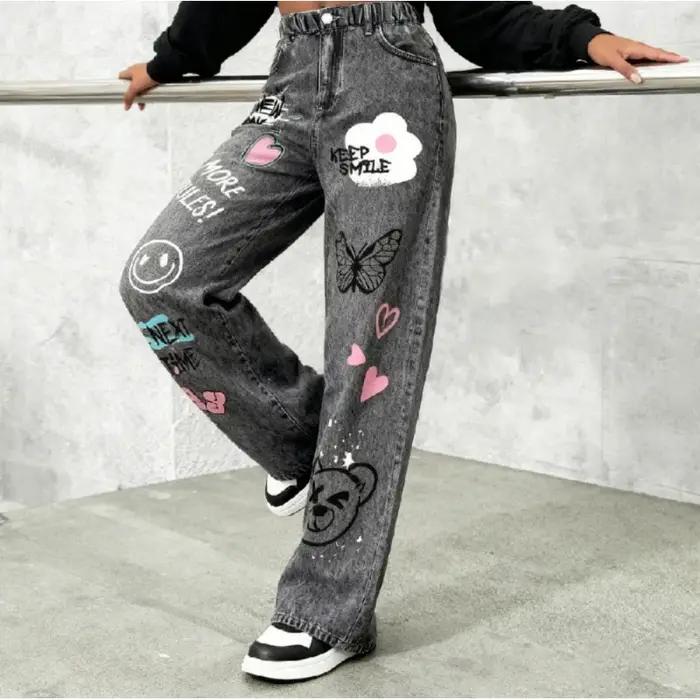 Faux jean à jambes larges imprimé graffiti de dessin animé Y2K pour filles – Faux jean coupe ample à