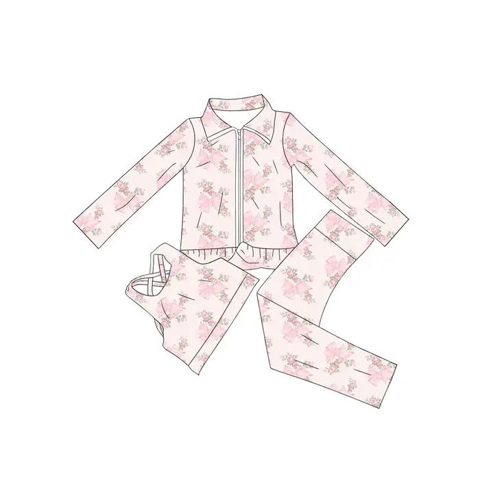 Vente chaude enfants vêtements pétoncle école fille deux pièces vêtements à volants arc Boutique fil