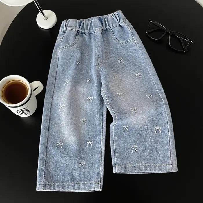 Pantalons en jean à jambes larges brodés avec un nœud pour filles