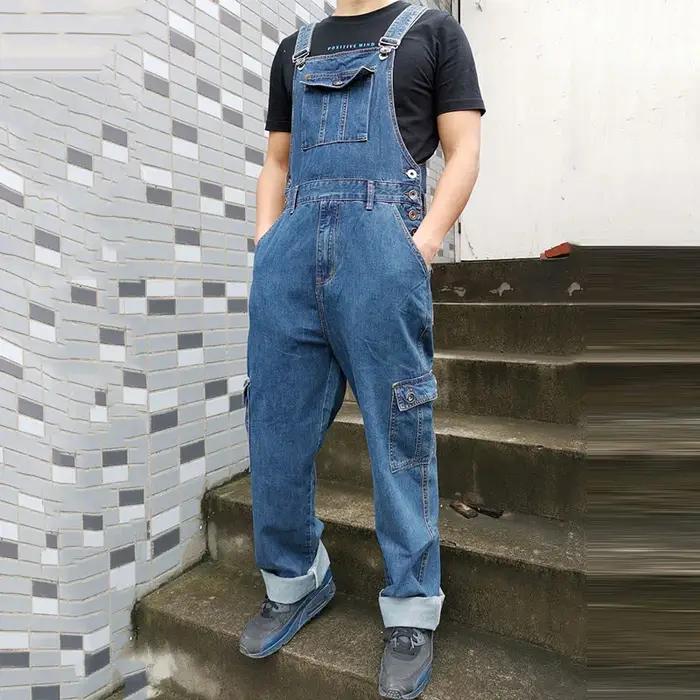 Combinaison Salopette pour Homme, Grande Taille, Bretelles Droites, Jean Bleu avec 7 Poches